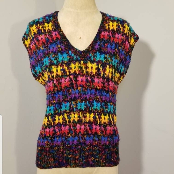 VINTAGE RAINBOW KNIT SWEATER VEST 80S RETRO PETITE FALL WINTER PREPPY SLEEVELESS - Picture 2 of 8